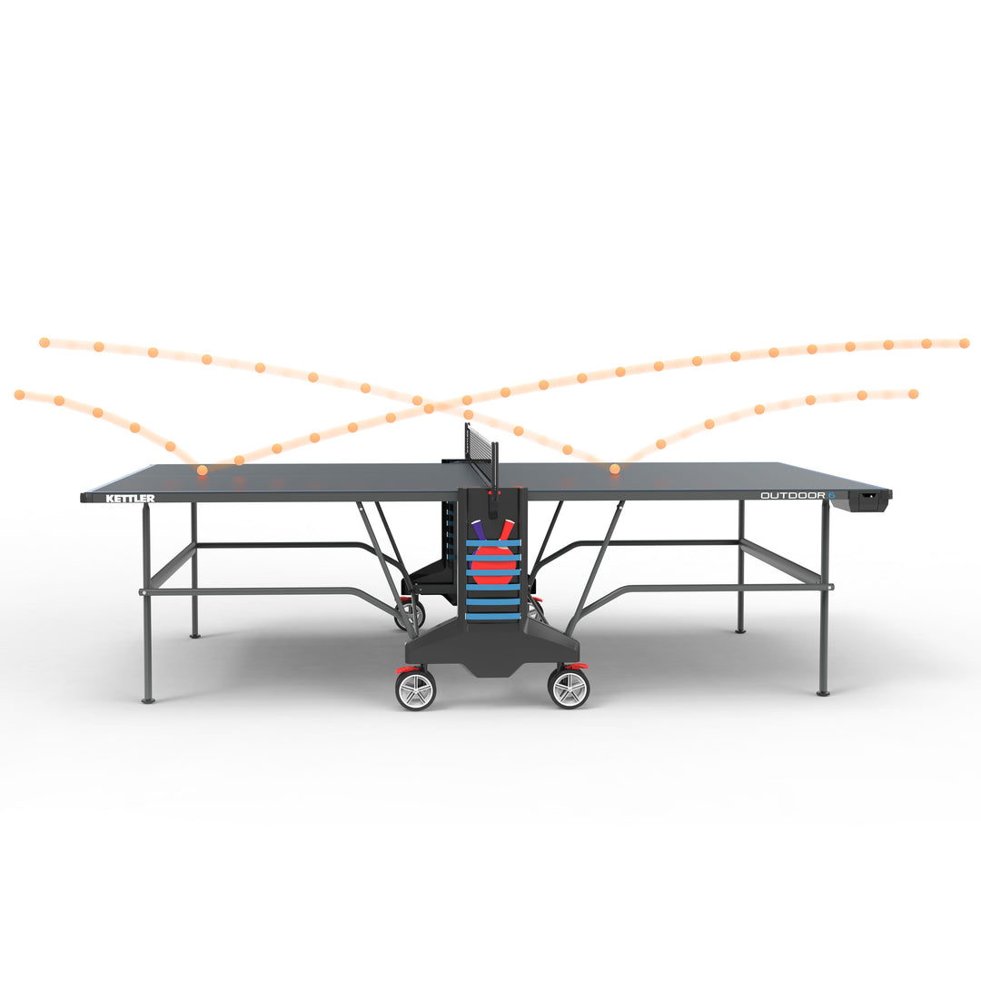 Outdoor 6 Table Tennis 4-Player Bundle with weatherproof top, permanent net, four rackets, and twelve 3-star balls.