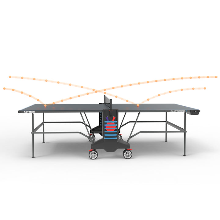Outdoor 6 Table Tennis 4-Player Bundle with weatherproof top, permanent net, four rackets, and twelve 3-star balls.