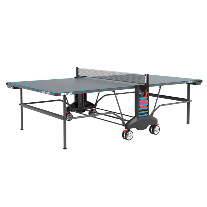 Outdoor 6 Table Tennis 4-Player Bundle weatherproof ping pong table with net, wheels, rackets, and balls for outdoor use.