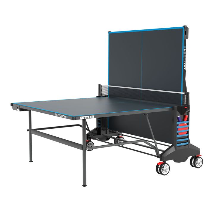 Outdoor 6 Table Tennis 4-Player Bundle showing weatherproof table with net, rackets, balls, and wheels for easy transport.