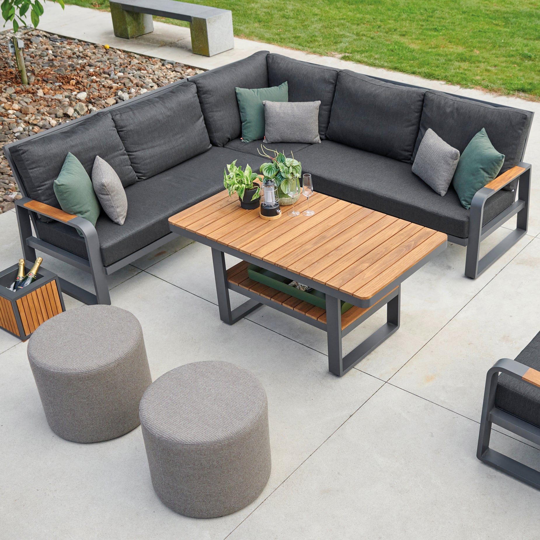 The Montana Corner Sectional features FSC certified Brazilian teak components, Sunbrella cushions and weatherproof powder coated aluminum construction in a sectional set-up that makes coordinating your outdoor space a snap 