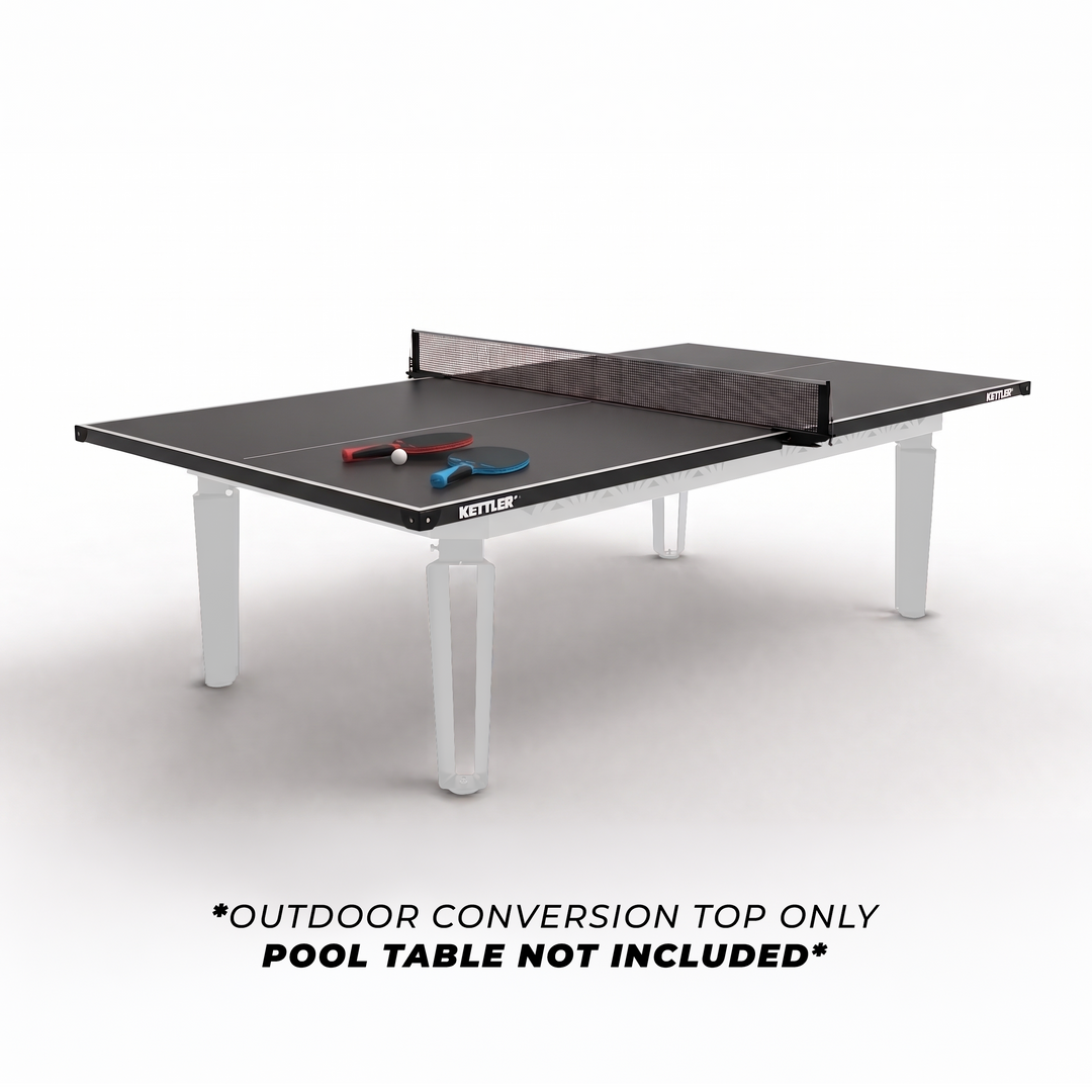 KETTLER Outdoor Conversion Top displayed on a table tennis table with net and paddles against a white background