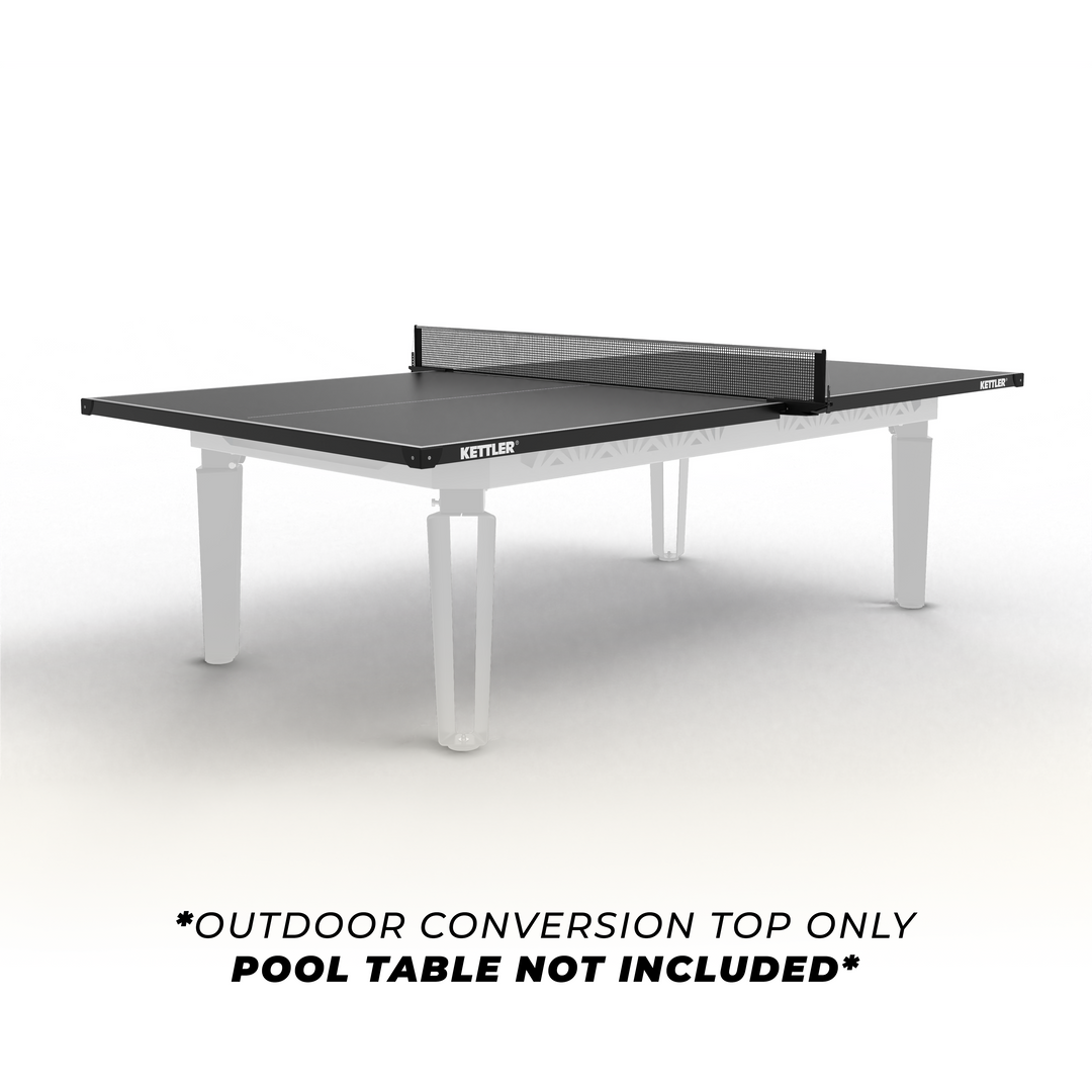 KETTLER Outdoor Conversion Top shown on a pool table with net and white legs pool table not included