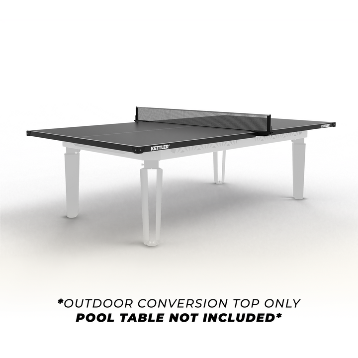 KETTLER Outdoor Conversion Top shown on a pool table with net and white legs pool table not included