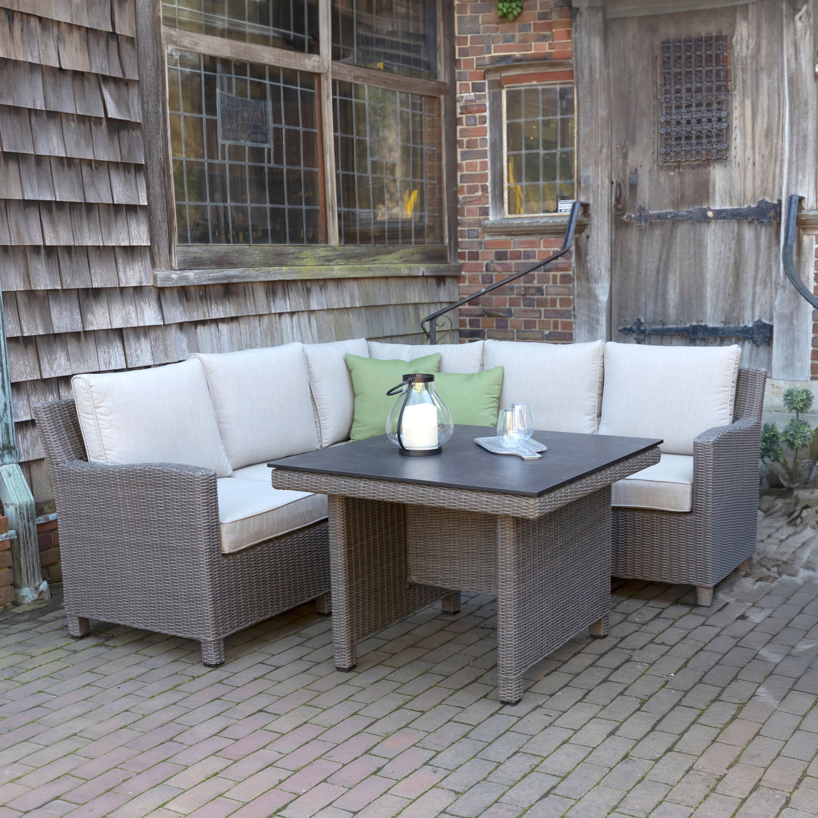 Palma Modular Wicker Corner Set with 37" x 37" Dining Table - Cast Ash