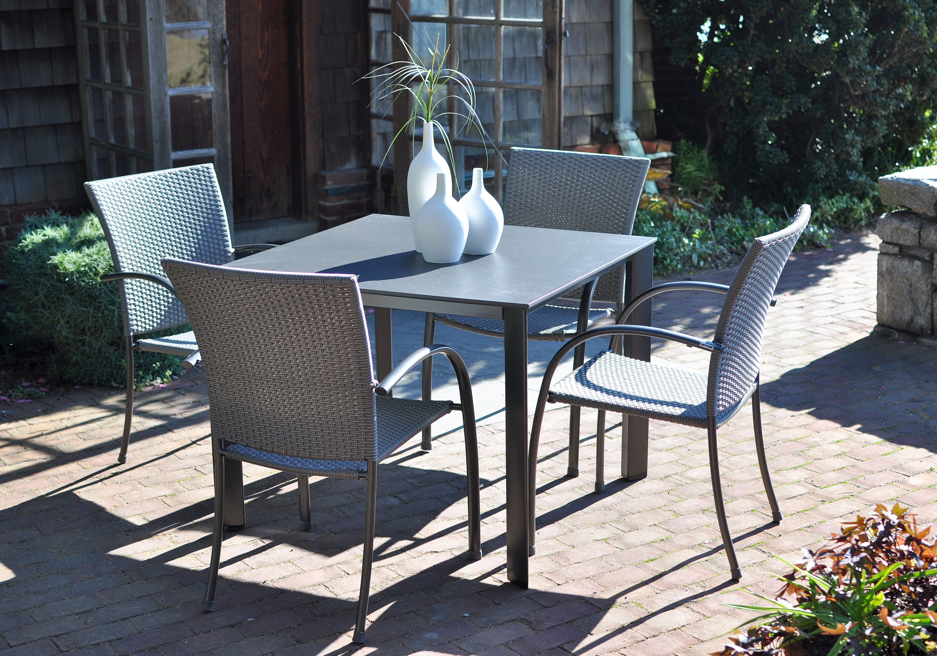 Pilano Woven Stackable Arm Chairs, Silver/Grey Weave - Set Of 6