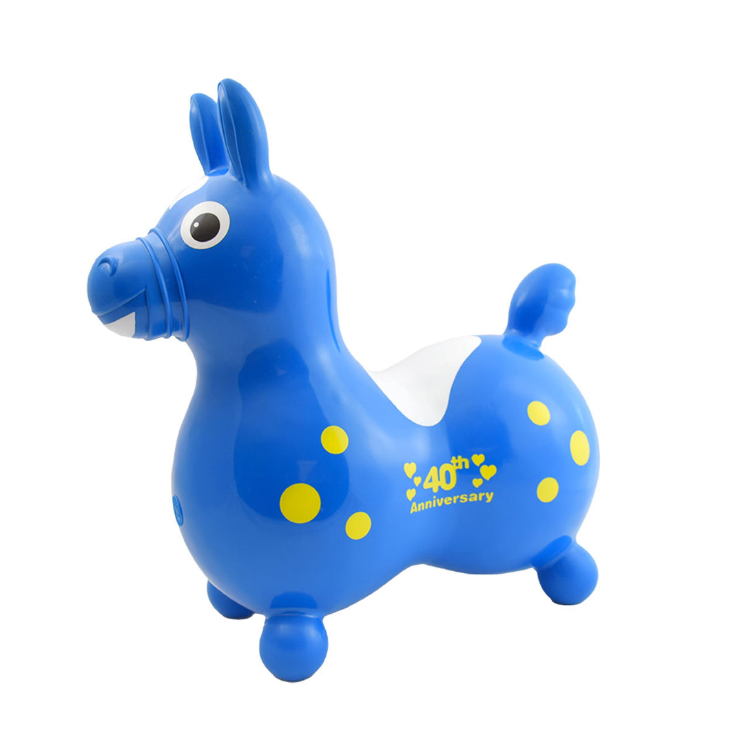 40th Anniversary Rody Inflatable Bounce Horse With Pump in blue with yellow spots for active play and balance development.