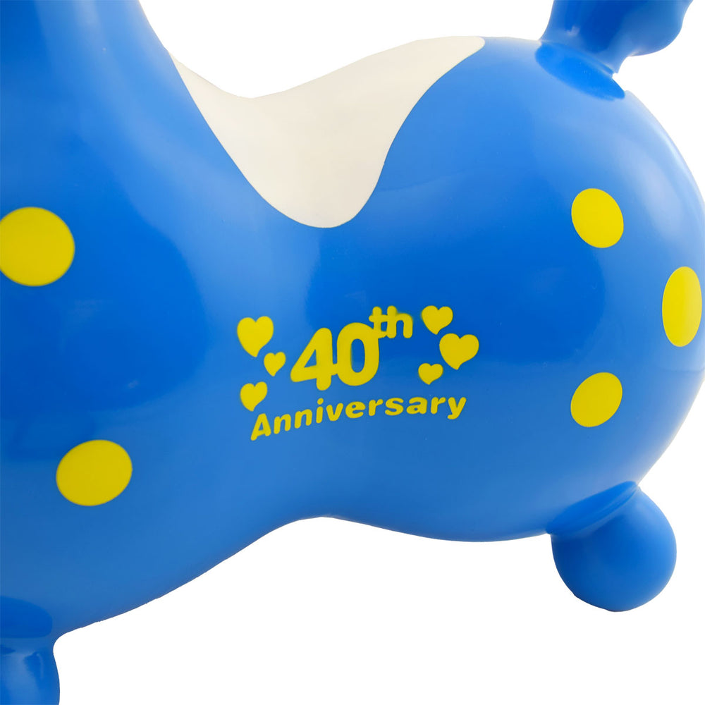 40th Anniversary Rody Inflatable Bounce Horse with Pump in blue and yellow celebrating 40 years of fun and active play.