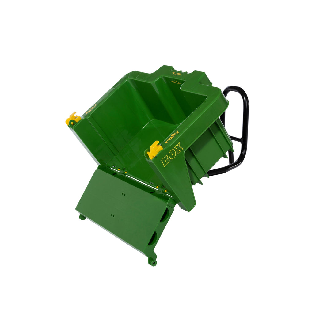 HaulBox Accessory for Tractors tilted with detachable rear gate, designed for functional children's tractor play and cargo unloading.