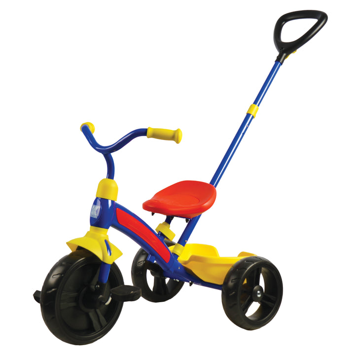 KETTLER Junior Plus Tricycle with push bar, adjustable seat, EVA wheels, and rear storage bucket for kids 24-72 months.