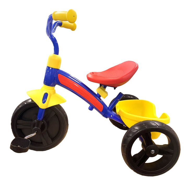 KETTLER Junior Plus Tricycle in blue, red, and yellow with rear storage bucket and sturdy black wheels.
