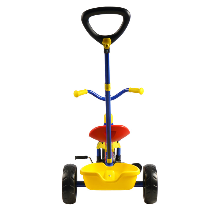 KETTLER Junior Plus Tricycle rear view showing push bar, yellow storage bucket, and black EVA wheels on blue frame.