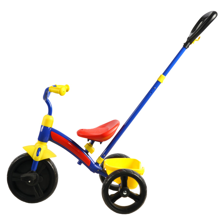 KETTLER Junior Plus Tricycle with push bar, adjustable seat, front on/off freewheel, and rear storage bucket.
