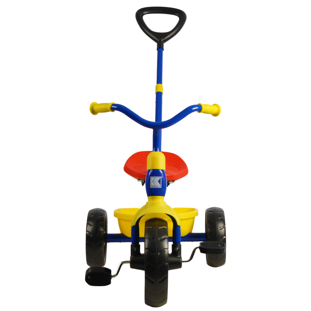 KETTLER Junior Plus Tricycle with push bar, adjustable seat, storage bucket, and durable EVA wheels for toddlers.