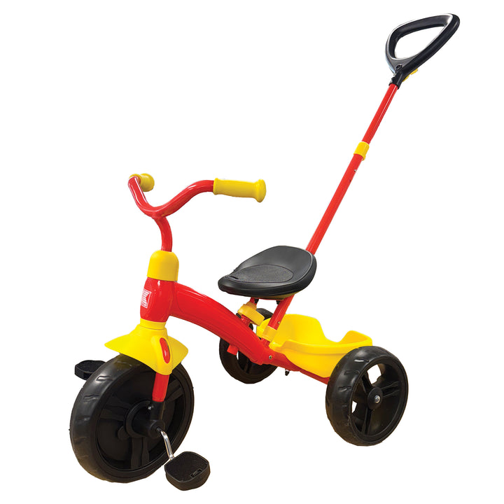 KETTLER Junior Plus Tricycle red and yellow with parent push bar and rear storage bucket for toddlers.
