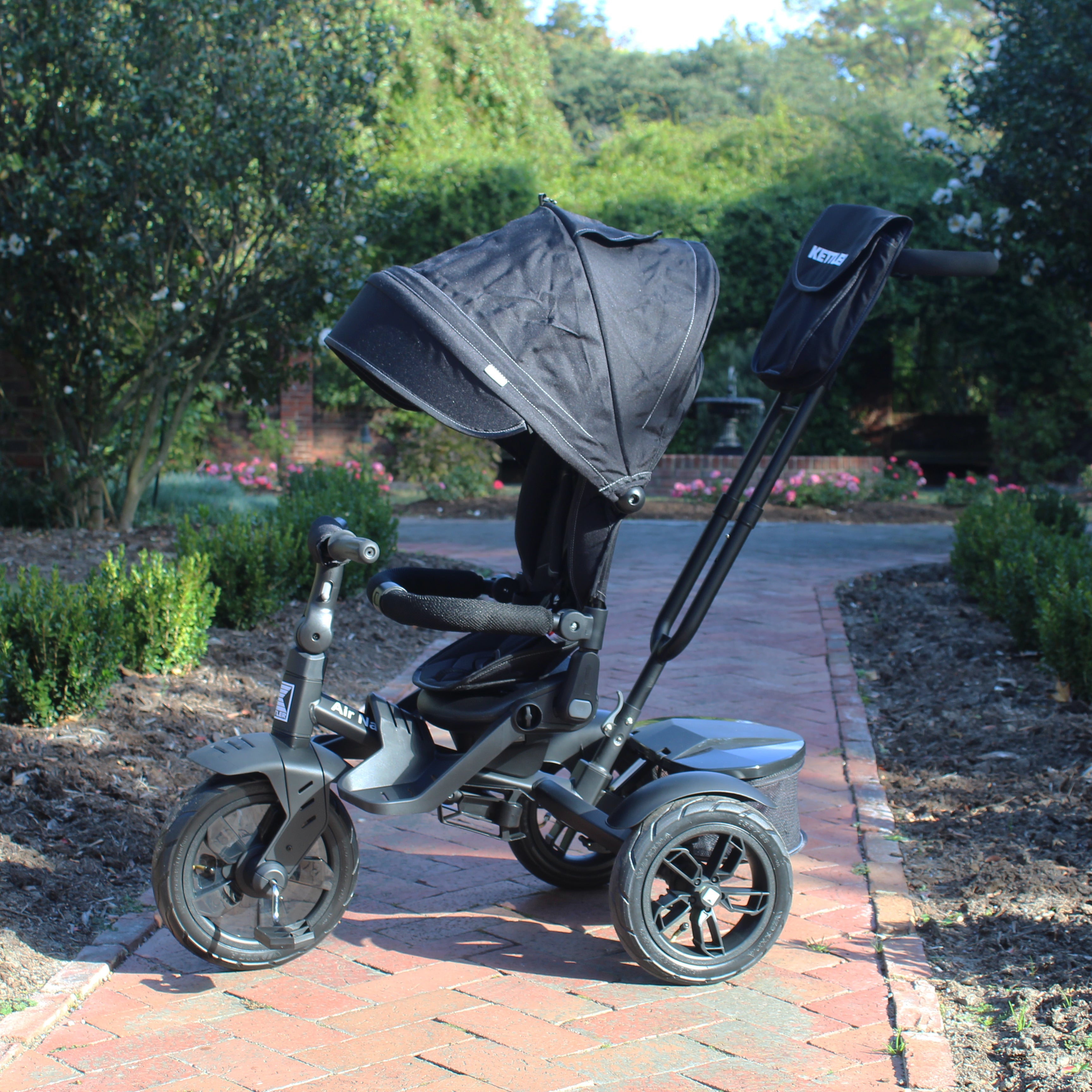 The KETTLER Air Navigator 6 in 1 Trike's function grows with your kids from 10 to 72 months. It features a rotating and reclining seat with a removable footrest and a 5-point safety harness to keep your little one safe.  You can put diapers or toys in the push bar bag and also large rear basket. The adjustable telescopic parent handle, foot brake and freewheeling function allow you to easily steer and control in the parent mode.