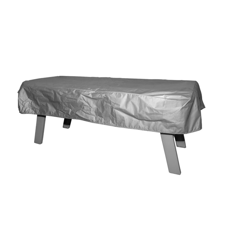 René Pierre Tahiti Outdoor Six-Player Foosball Table covered with protective gray weather-resistant cover.