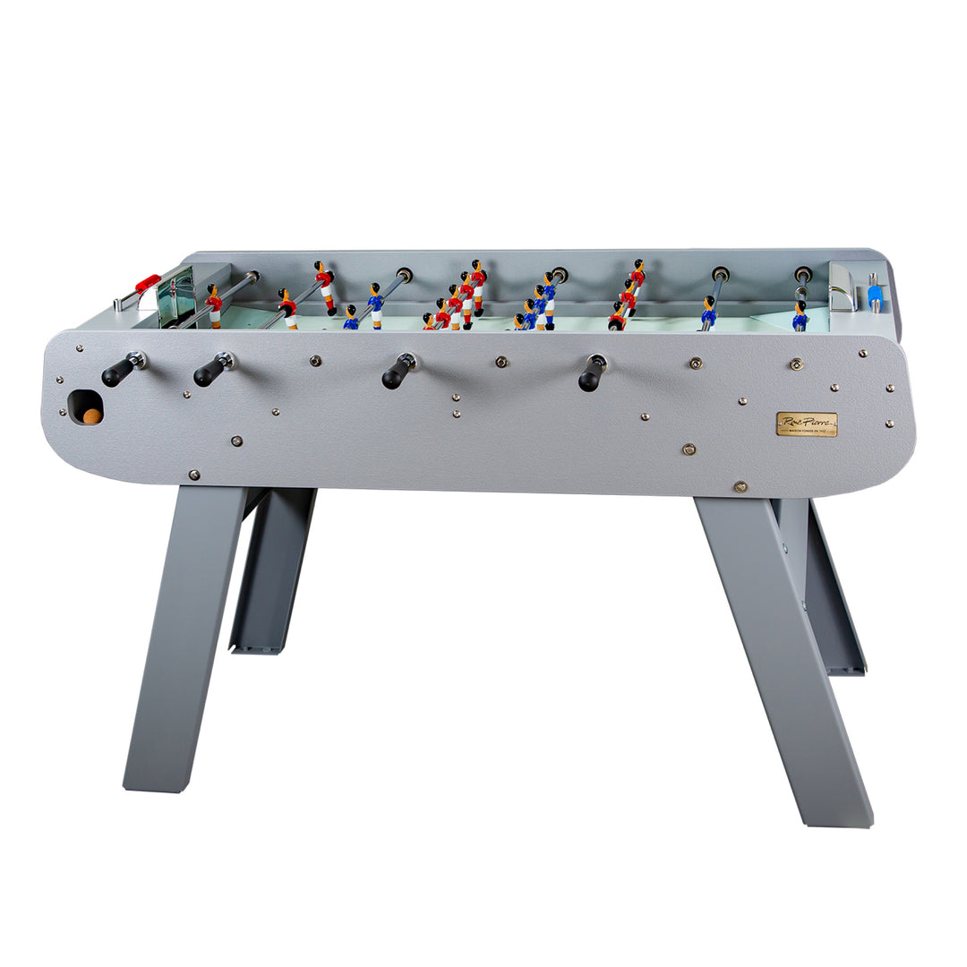 René Pierre Tahiti Outdoor Four-Player Foosball Table in gray with aluminum players and telescopic rods.