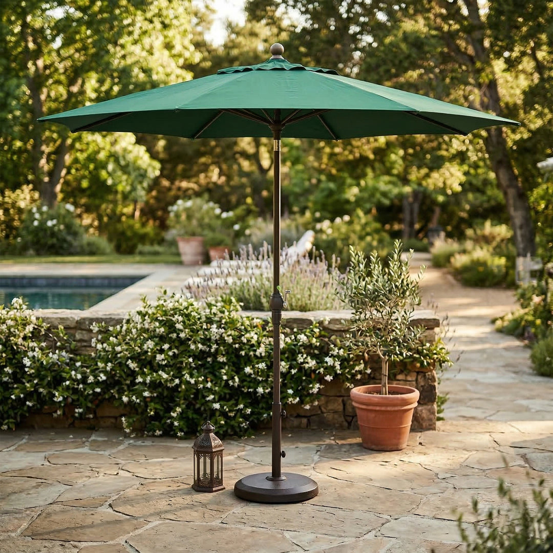 9 foot patio umbrella base 9'ft Push Button Tilt Double Wind Vents Includes S Deluxe Auto Tilt Crank Lift (Steel Cable) Threaded Coupling Solid Resin Hubs and Finial Auto Locking Metal Housing 8 Ribs Residential applications Ideal shade coverage AreShark 9 FT Patio Umbrella