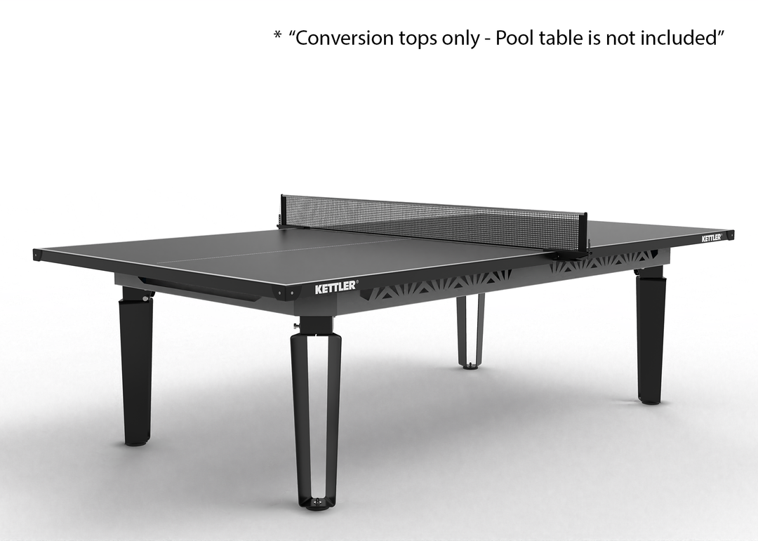 KETTLER Outdoor Conversion Top placed on a pool table frame, designed for outdoor use with a durable black surface and attached net.