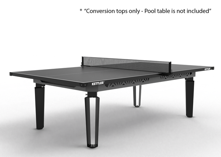 KETTLER Outdoor Conversion Top placed on a pool table frame, designed for outdoor use with a durable black surface and attached net.