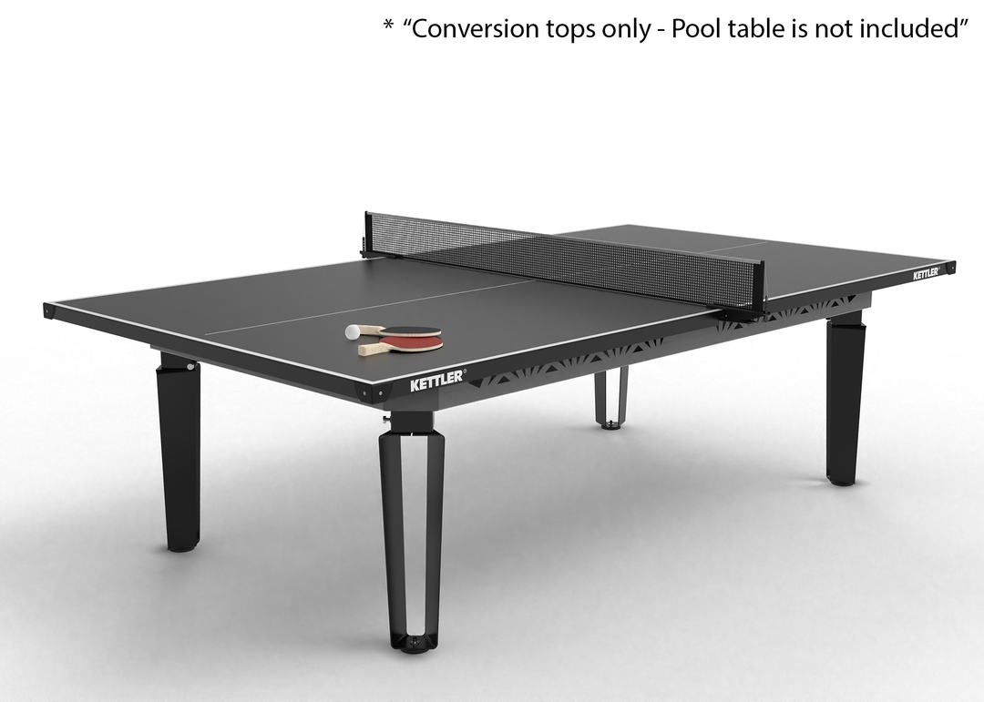 KETTLER Outdoor Conversion Top designed to convert a pool table into a ping pong table with a sleek black playing surface and net.