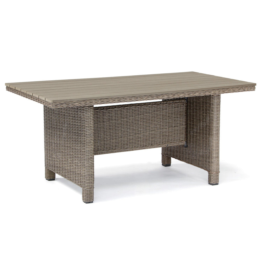 Palma Casual Dining Table with handwoven weatherproof rattan wicker and dark oak resin slat tabletop, powder-coated aluminum frame.
