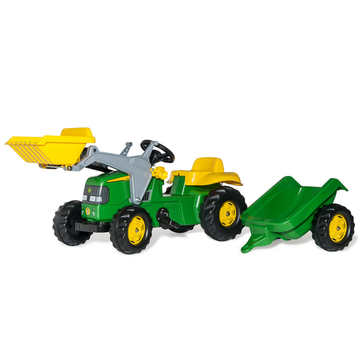 John Deere Pedal Tractor With Loader toy tractor with functional front loader and detachable hauling trailer in green and yellow.