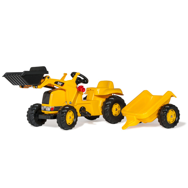 CAT Kid Tractor With Trailer pedal toy with front loader, detachable hauling trailer, and oversized rubber tread tires in yellow.