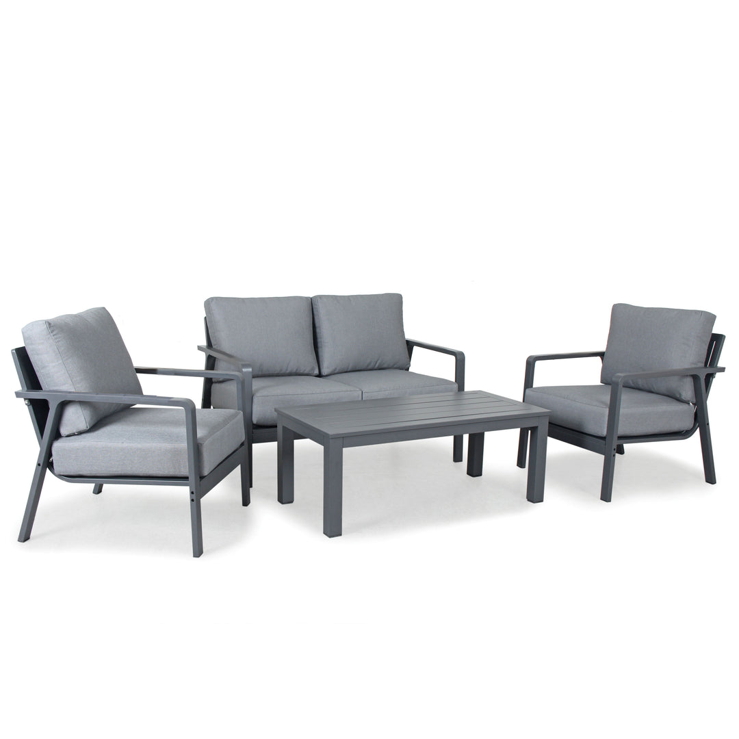 Paros Aluminum Lounge Set with charcoal powder-coated frame, cast slate cushions, loveseat, chairs, and coffee table.