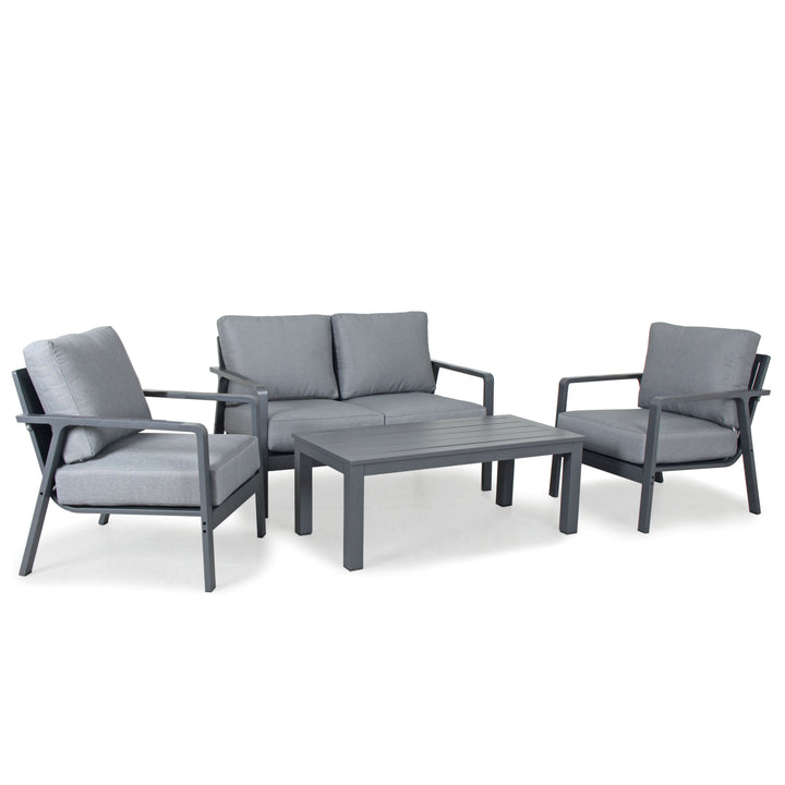 Paros Aluminum Lounge Set with charcoal powder-coated frame, cast slate cushions, loveseat, chairs, and coffee table.