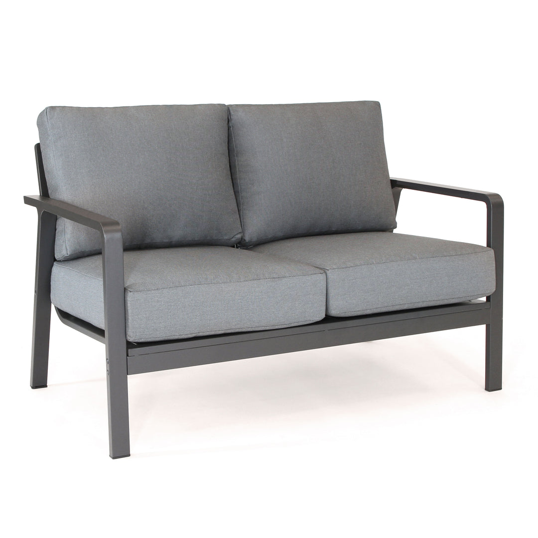 Paros Aluminum Lounge Set charcoal frame loveseat with weatherproof cast slate cushions in modern minimalist design