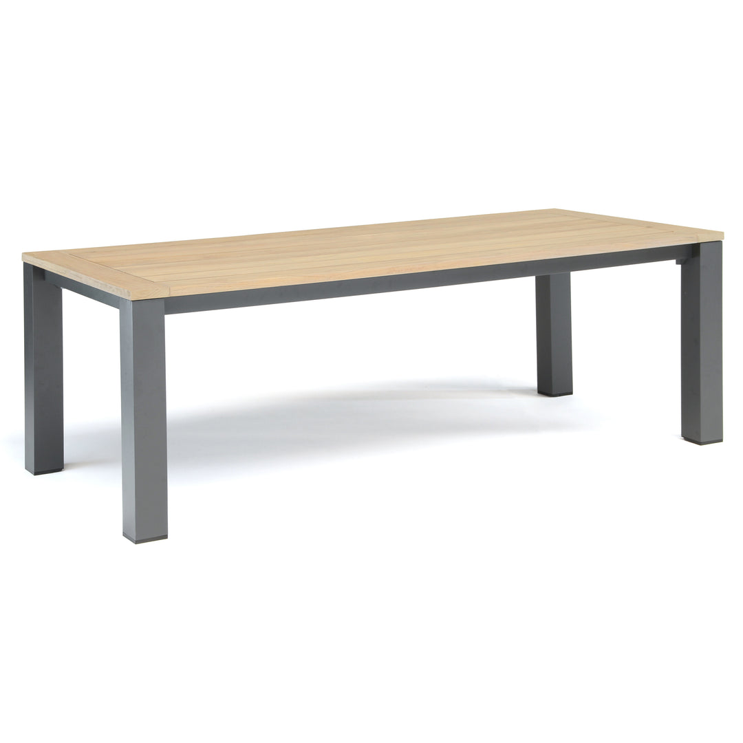 87x40-inch Elba Aluminum Dining Table With Teak Top features charcoal aluminum legs and a natural teak hardwood surface.