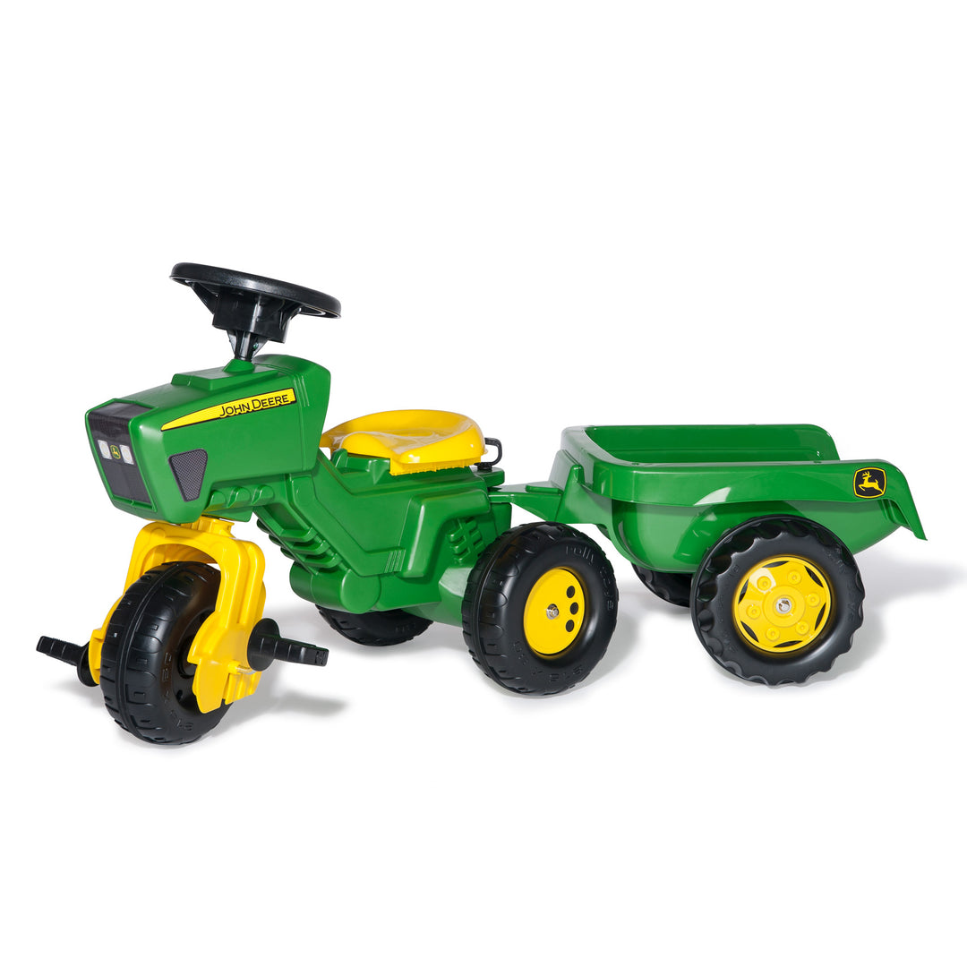 John Deere 3-Wheeled Pedal Tractor With Trailer in green and yellow with electronic steering wheel and removable hauling trailer.