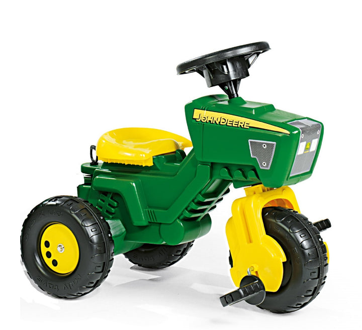 John Deere 3-Wheeled Pedal Tractor With Trailer in green and yellow with oversized tires and a black steering wheel.