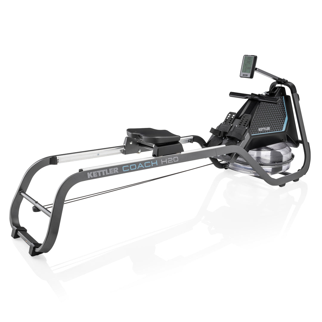 KETTLER Coach H2O Rower with water resistance, LCD training computer, and smooth aluminum dual-rail rowing system.