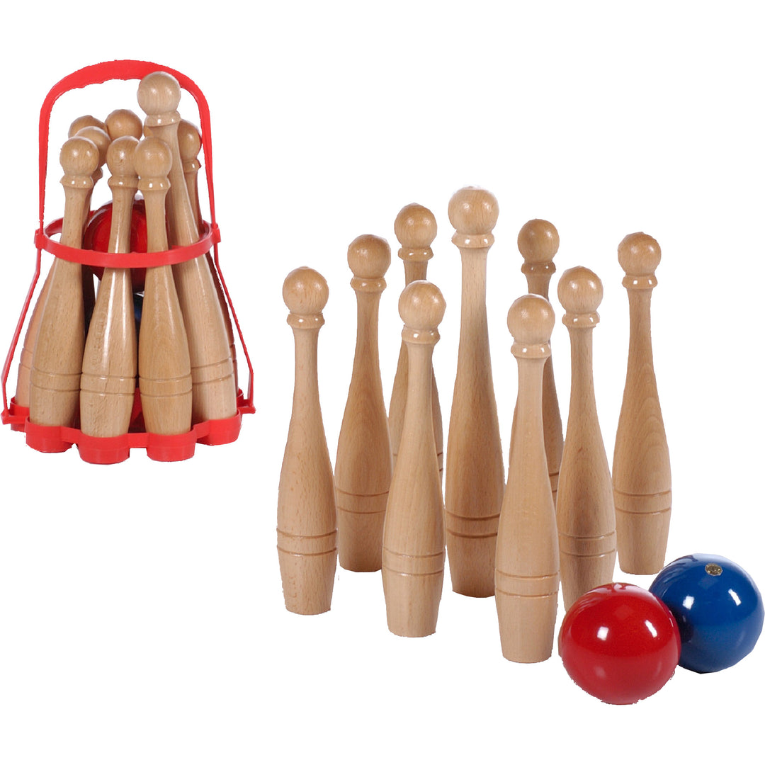 Bowling Set with Carrying Basket featuring wooden pins, red and blue balls, and a red plastic carry case.