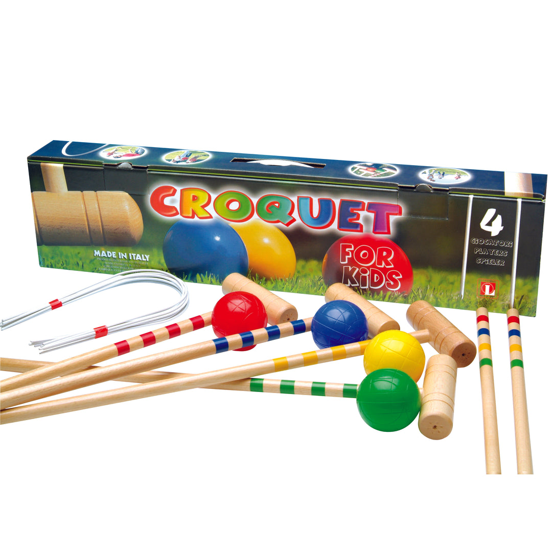 4-Player Children's Croquet Set with wooden mallets, colorful plastic balls, wickets, and pegs for kids' outdoor play.