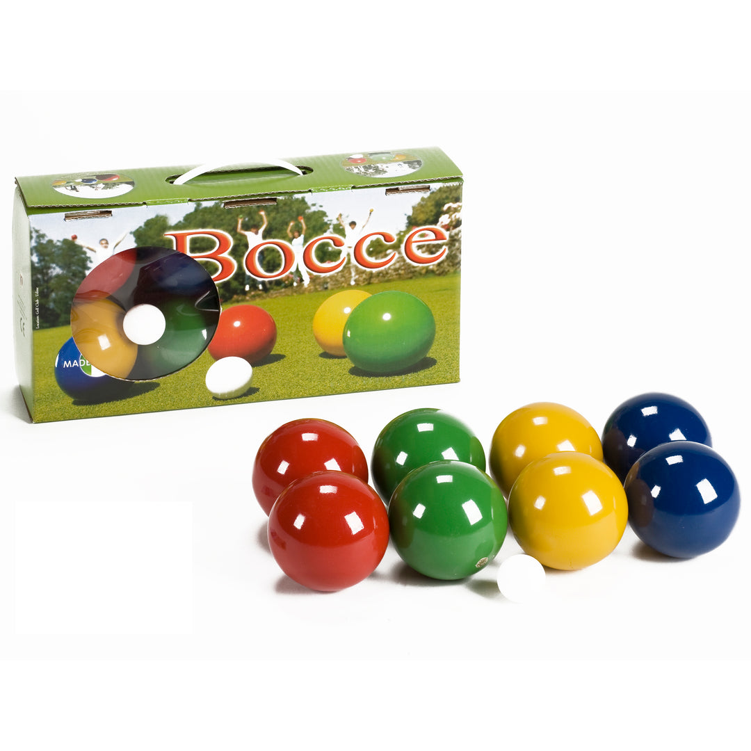 Classic Bocce Set with eight lacquered wood balls in red, green, yellow, blue, one white Jack ball, and storage box.