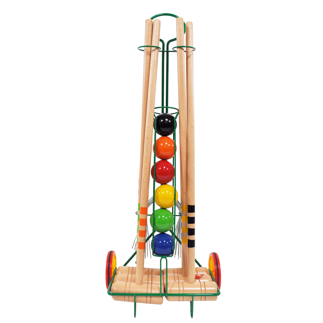 6-Player Croquet Set with Metal Trolley featuring six wooden mallets, colorful balls, and wheeled storage cart.