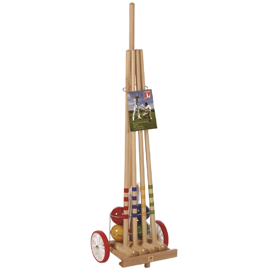 4-Player Croquet with Trolley featuring four mallets, resin balls, metal wickets, and a wheeled storage cart.
