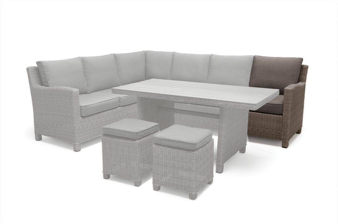 Palma Modular Wicker Right Arm Chair with weatherproof wicker, high-back support, and 100% acrylic Sunbrella cushions.
