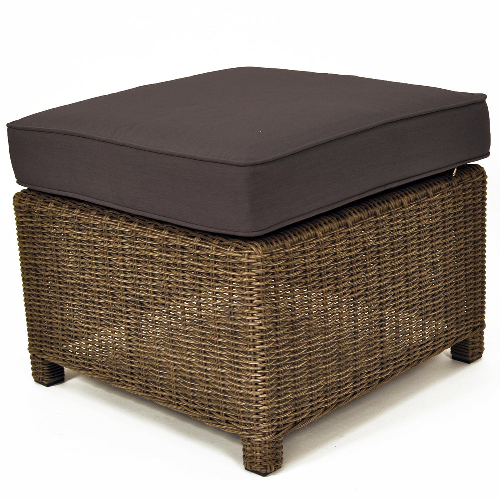 Palma Wicker Rattan Ottoman with weatherproof rattan, powder-coated frame, and acrylic cushion in dark canvas color.