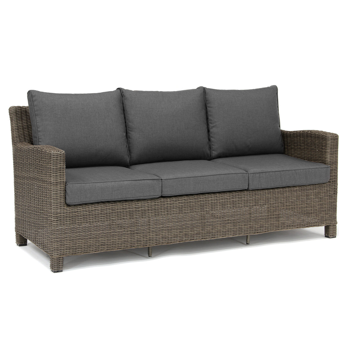Palma Wicker Rattan Sofa with dark cushions, handwoven weatherproof rattan, and aluminum powder-coated frame for indoor or outdoor use.