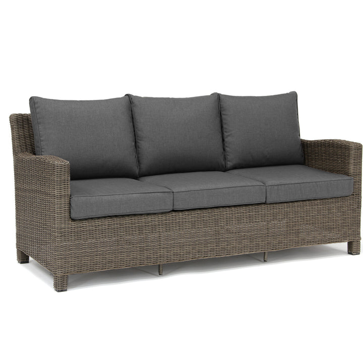 Palma Wicker Rattan Sofa with dark cushions, handwoven weatherproof rattan, and aluminum powder-coated frame for indoor or outdoor use.