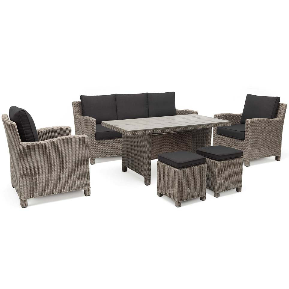 Palma Wicker Lounge Set with cushioned chairs, sofa, table, and foot stools in weatherproof wicker design