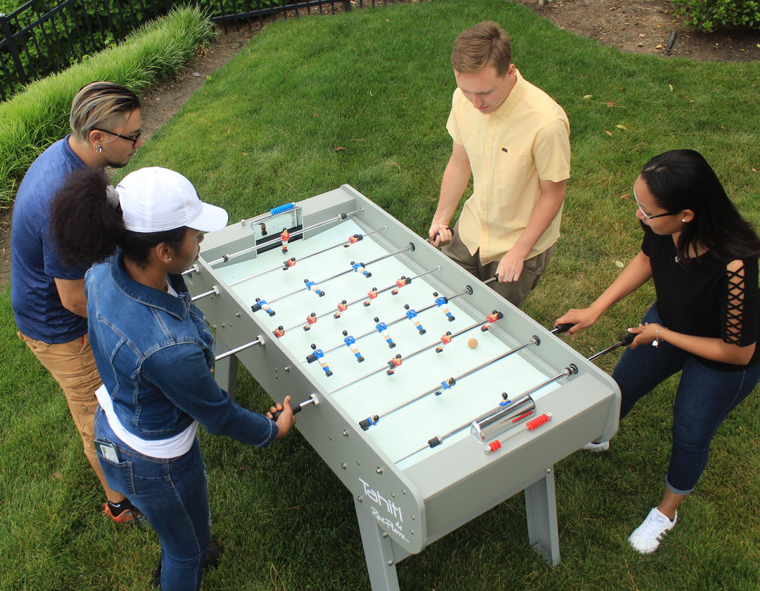 Birds view of european design foosball table in back yard