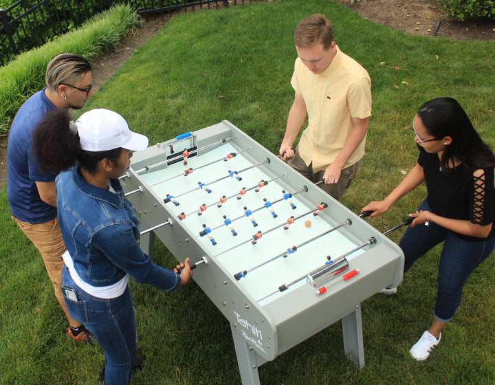 Birds view of european design foosball table in back yard