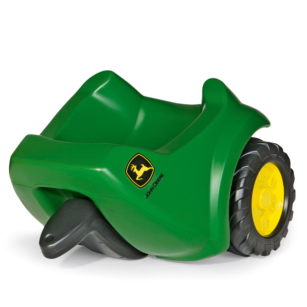 John Deere Minitrac Trailer in green with yellow wheels, designed to attach to Minitrac ride-on for added play.