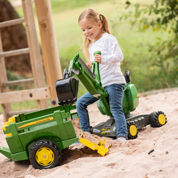 John Deere Farm Trailer with removable sides and rear gate, attached to a Rolly tractor in outdoor play setting.